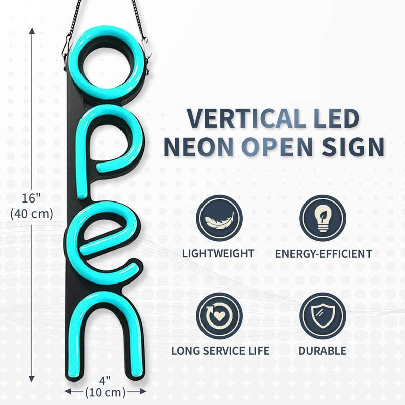 Enseigne Néon LED OPEN Vertical Bleu Glace