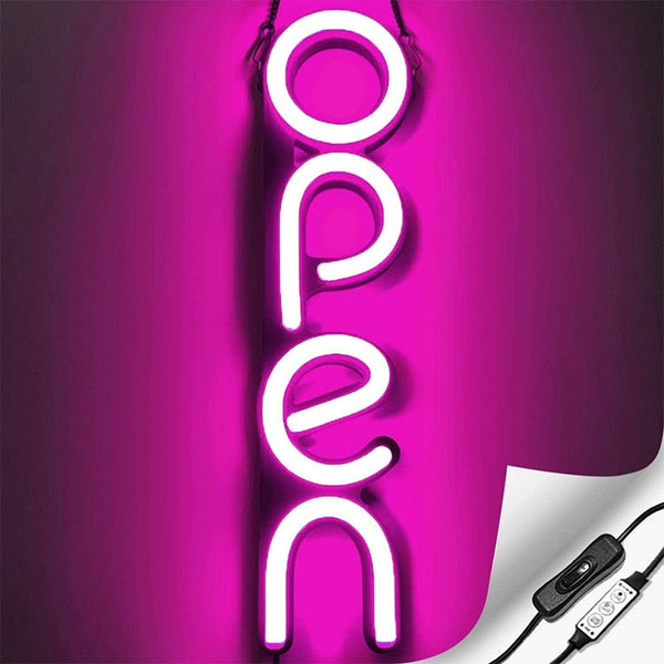 LED Neon Bord OPEN Verticaal Wit/Roze